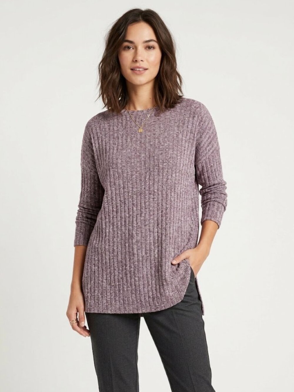 Women’s Marled Heathered Plum-Taupe Ribbed Sweater Long Sleeve 2XL NWOT